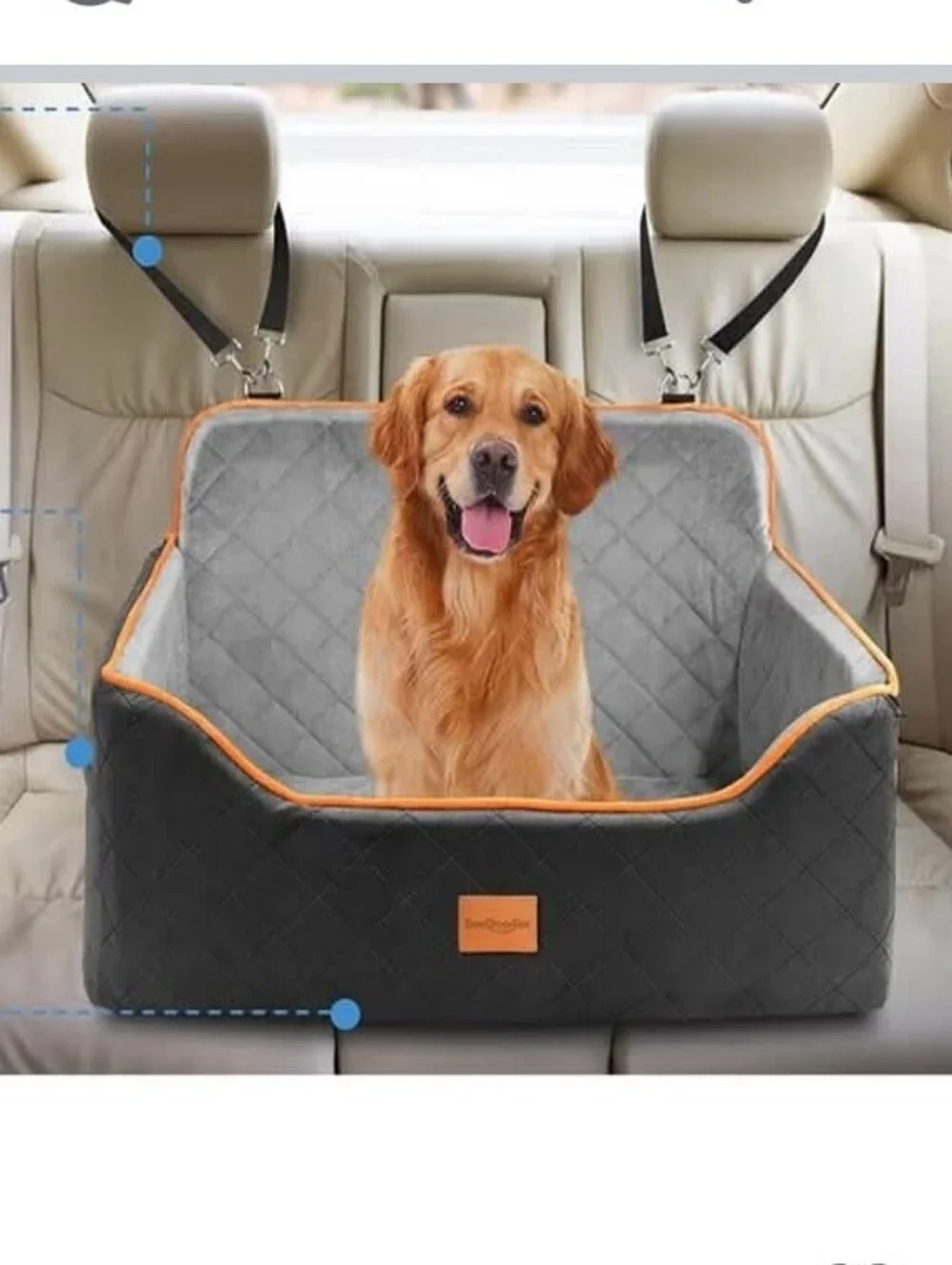 Pet car seat for one or two dogs designed to hold pets weighing up to 55 lbs.